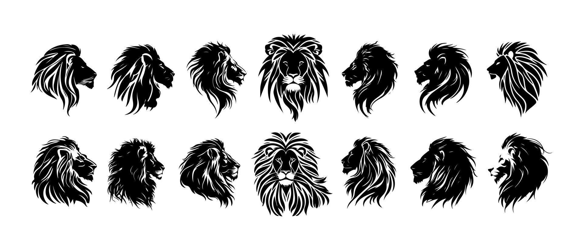Leone testa viso logo impostato silhouette nero icona tatuaggio portafortuna mano disegnato Leone re silhouette animale vettore illustrazione