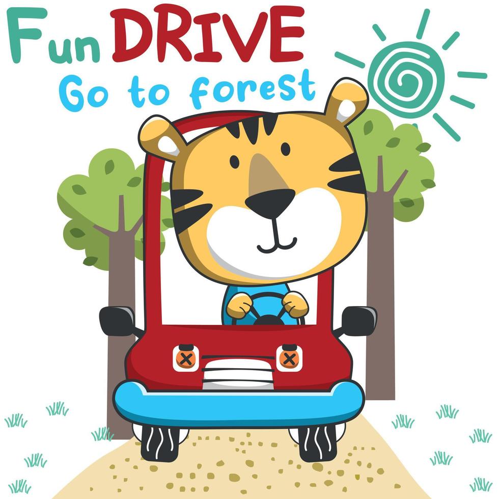 vettore illustrazione di divertente tigre guida il rosso macchina. divertente sfondo cartone animato stile per bambini. poco avventura con animali su il strada per asilo disegno, cartone animato maglietta arte design.