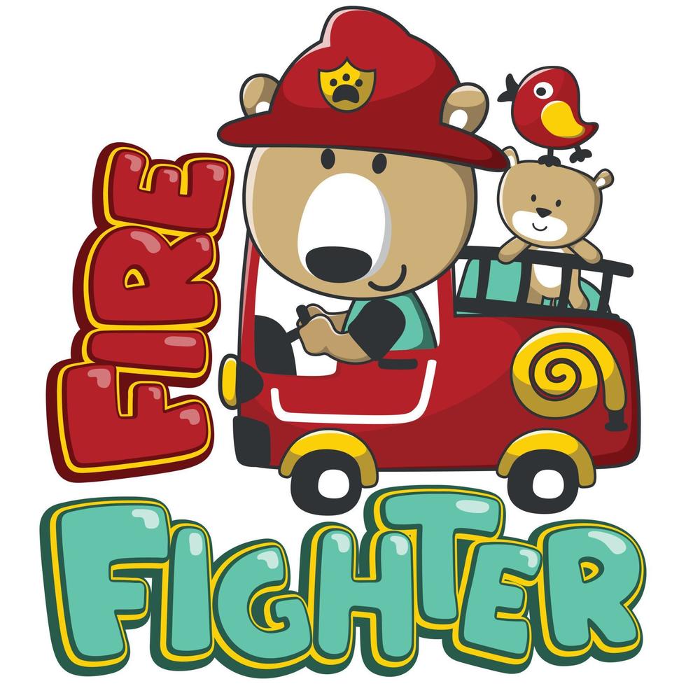 vettore illustrazione di divertente Leone pompiere su fuoco camion. creativo vettore infantile sfondo per tessuto, tessile, asilo sfondo, carta, manifesto e altro decorazione