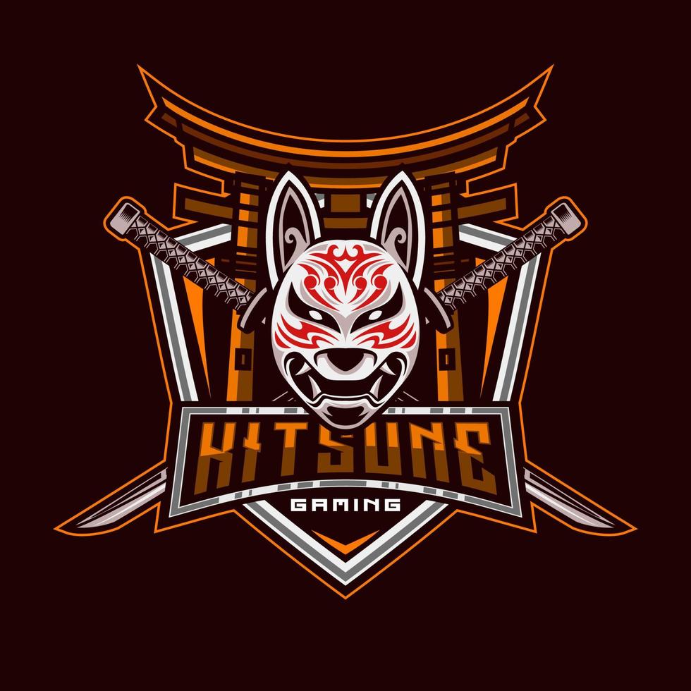 kitsune e-sport logo. kitsune e attraversare katana samurai testa Giappone lupo logo moderno stile vettore illustrazione