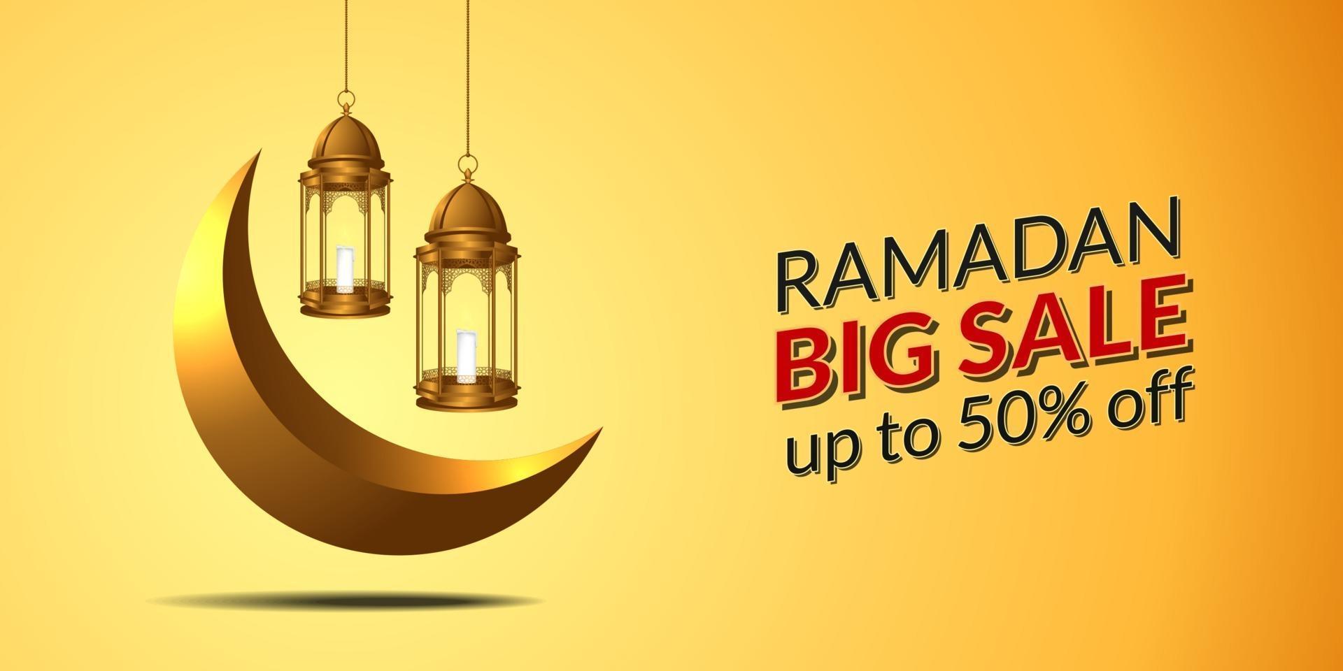 modello di banner di grande vendita per il ramadan kareem con illustrazione della lanterna appesa dorata 3d e del mese a mezzaluna. vettore