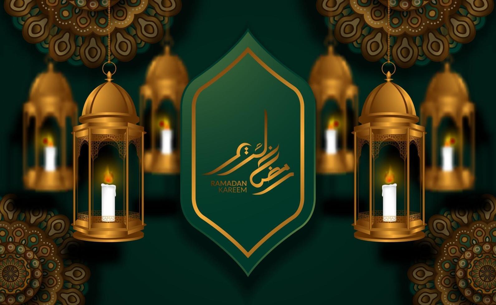 biglietto di auguri islamico. illustrazione del modello geometrico della mandala della moschea con lanterna fanoos di lusso dorata 3d con calligrafia di ramadan kareem vettore