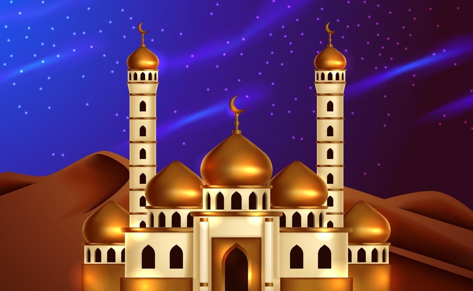 Moschea dorata della cupola 3d alla vista del cielo notturno del deserto. illustrazione per evento islamico. santo mese di digiuno, ramadan. vettore