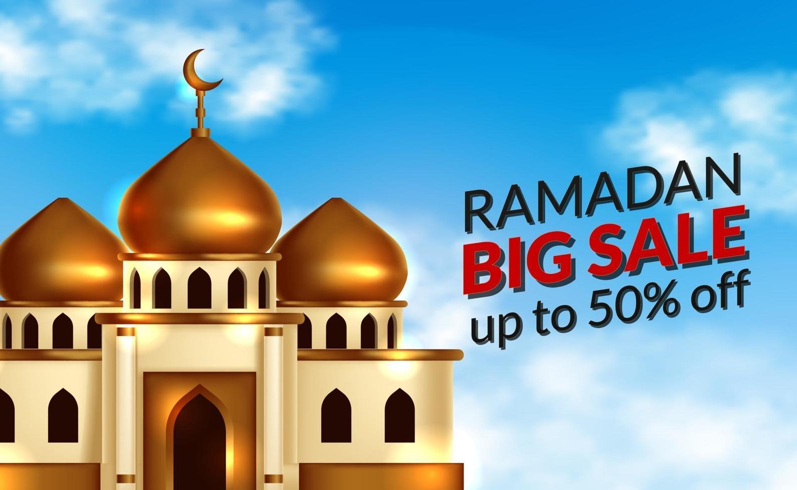 modello di banner di offerta di vendita di Ramadan con illustrazione di un bellissimo edificio della moschea a cupola dorata 3d con sfondo blu del cielo. evento islamico santo mese di digiuno vettore