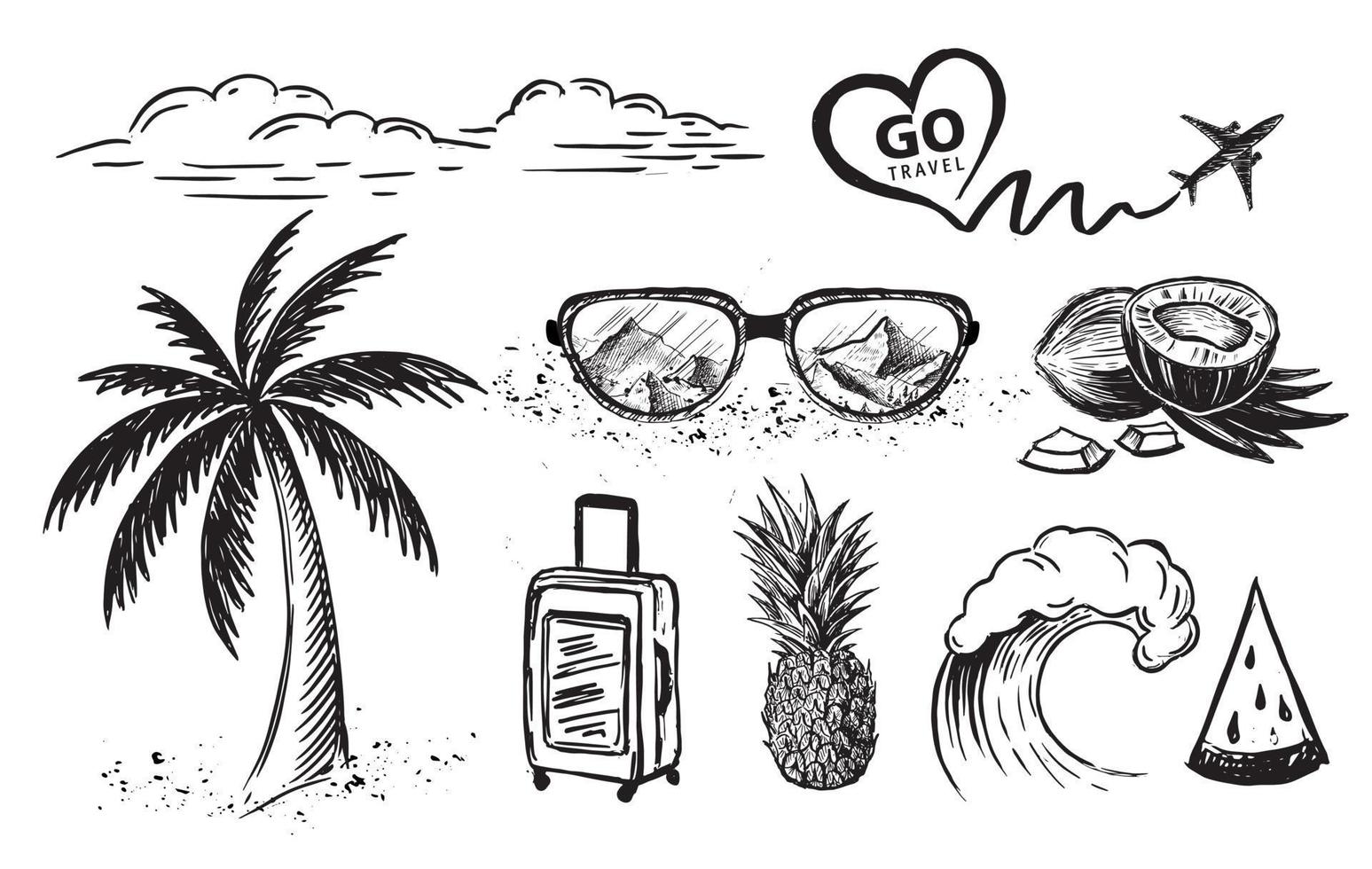 ciao estate, palma, occhiali, onde, ananas. illustrazione disegnata a mano. vettore