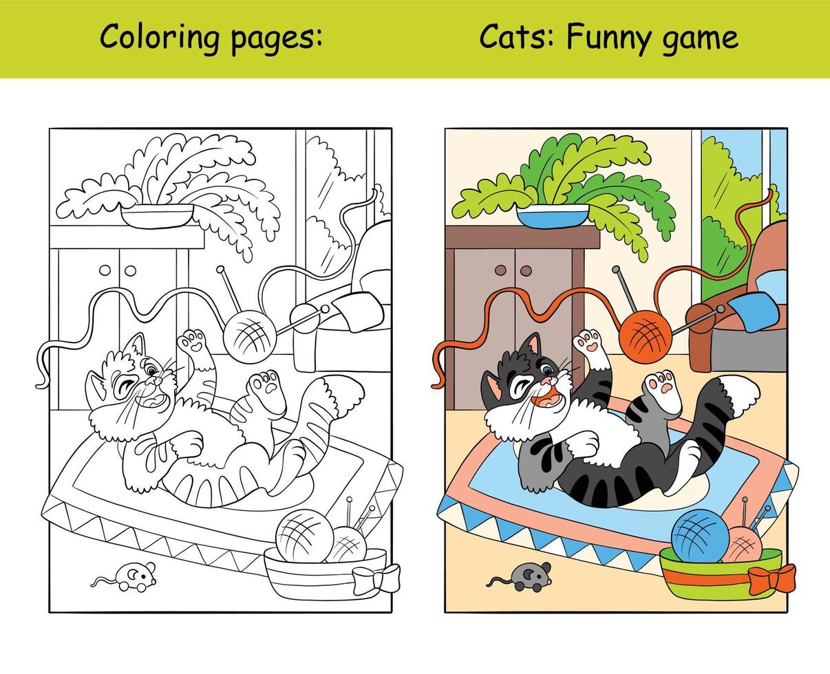 colorazione e colore gatto giochi con un' palla di filo vettore