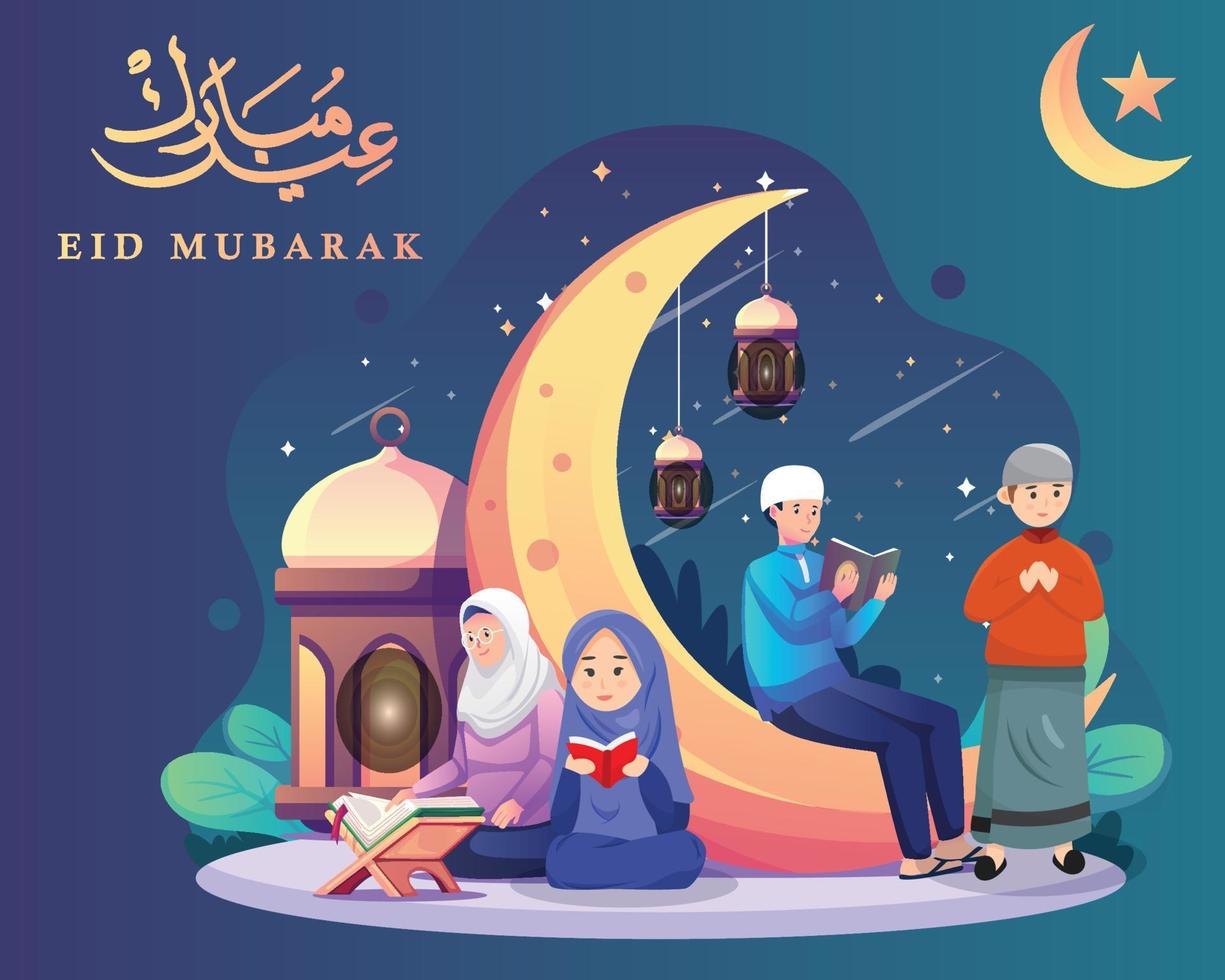 coppia musulmana uomo e donna che leggono il Corano e pregano durante il mese santo del ramadan kareem. illustrazione vettoriale in stile piatto