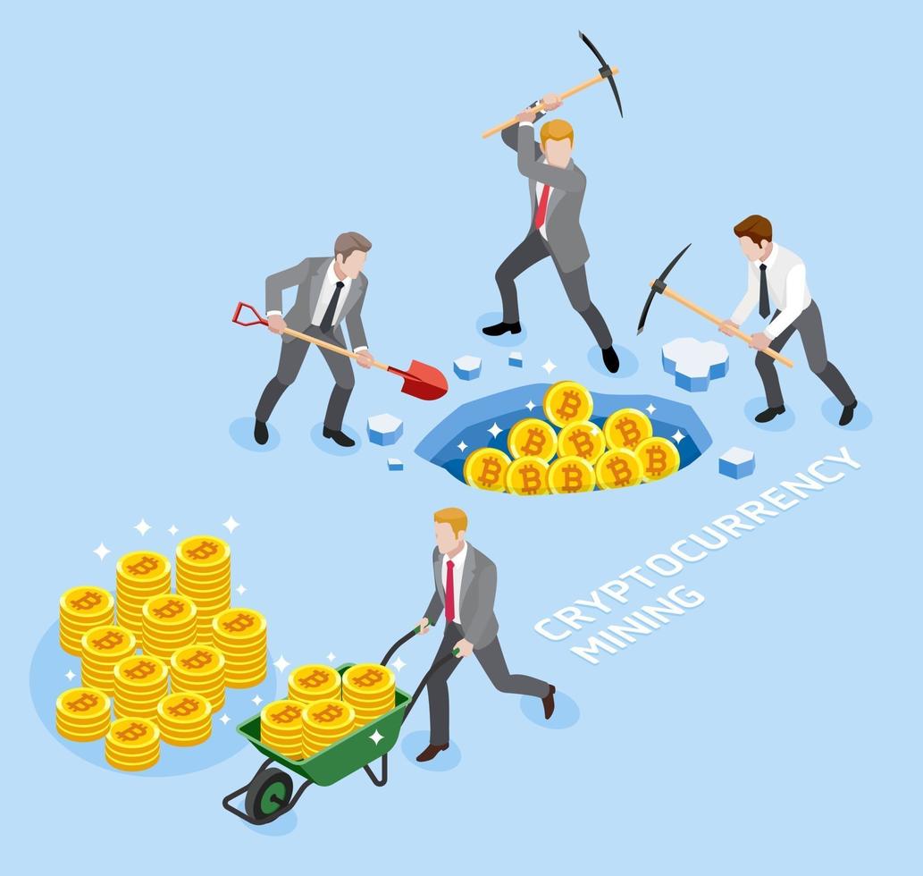 concetto di mining di criptovaluta bitcoin. gruppo di uomo d'affari utilizzare piccone miniera di monete di lavoro. illustrazioni vettoriali. vettore