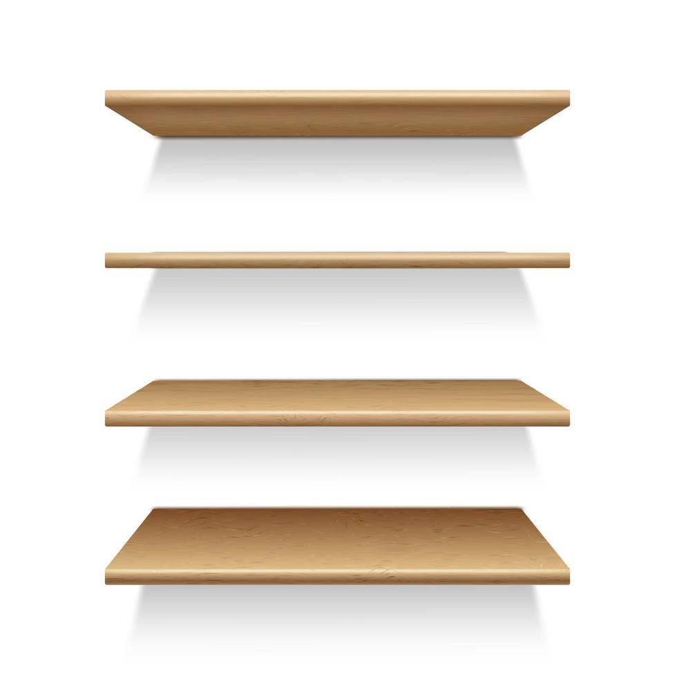 modello di quattro di legno scaffali su il parete, nel prospettiva. scaffalature per Conservazione, modello per pubblicità. isolato su bianca sfondo vettore