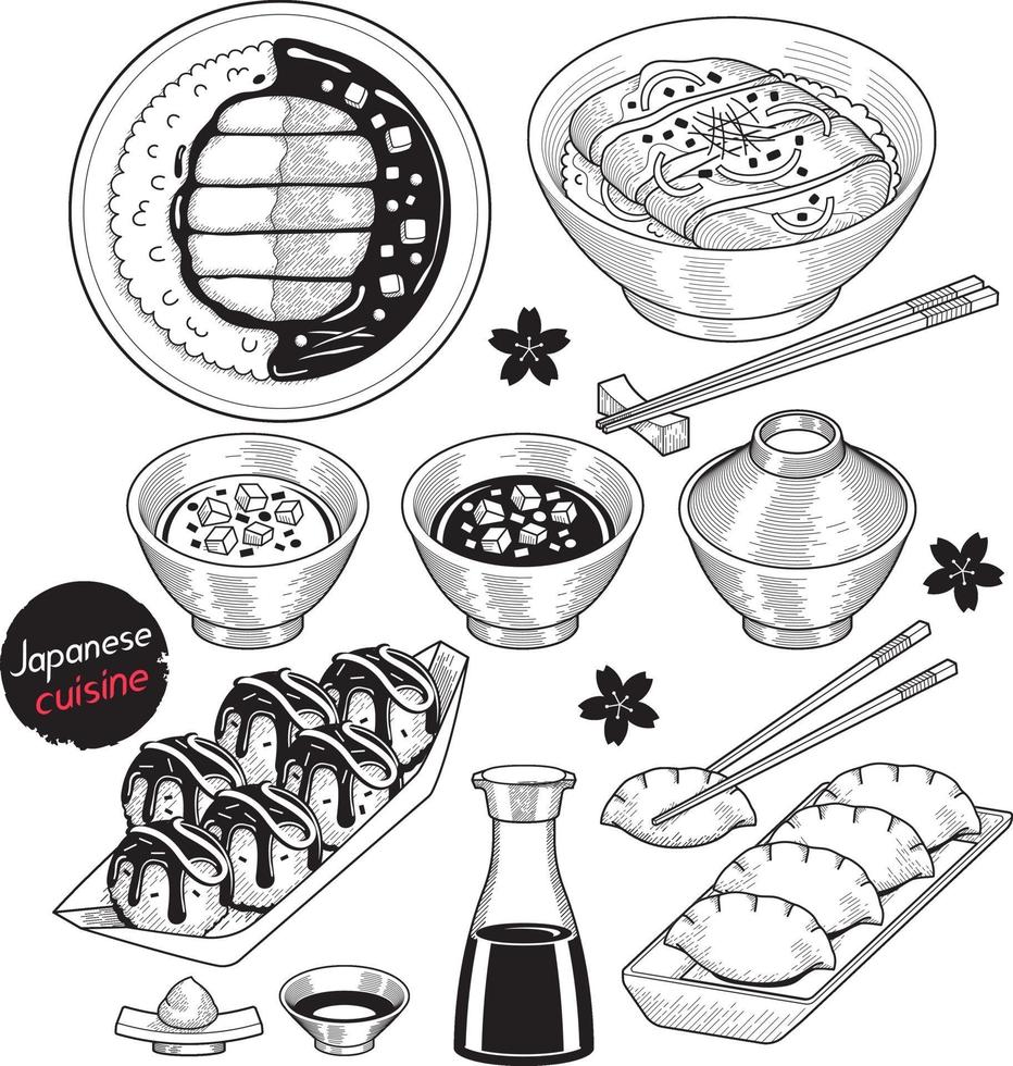 stile disegnato a mano degli elementi di doodle del cibo del giappone. illustrazioni vettoriali. vettore