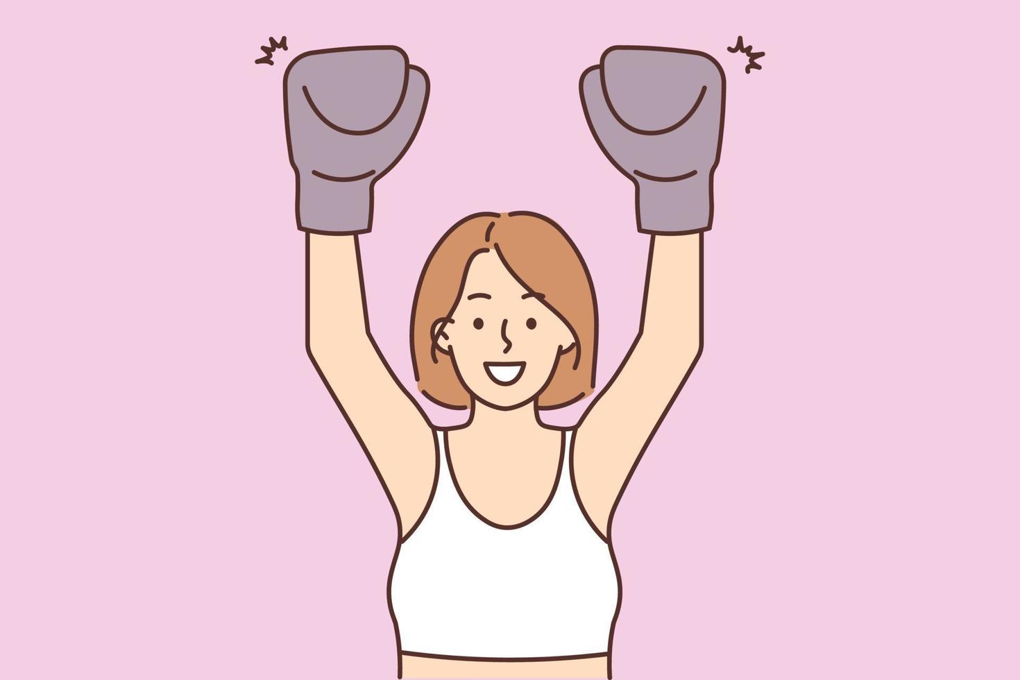 sorridente attivo donna nel boxe guanti fare gli sport Seguire salutare vita. contento tonica femmina pugile formazione o esercizio. vettore illustrazione.