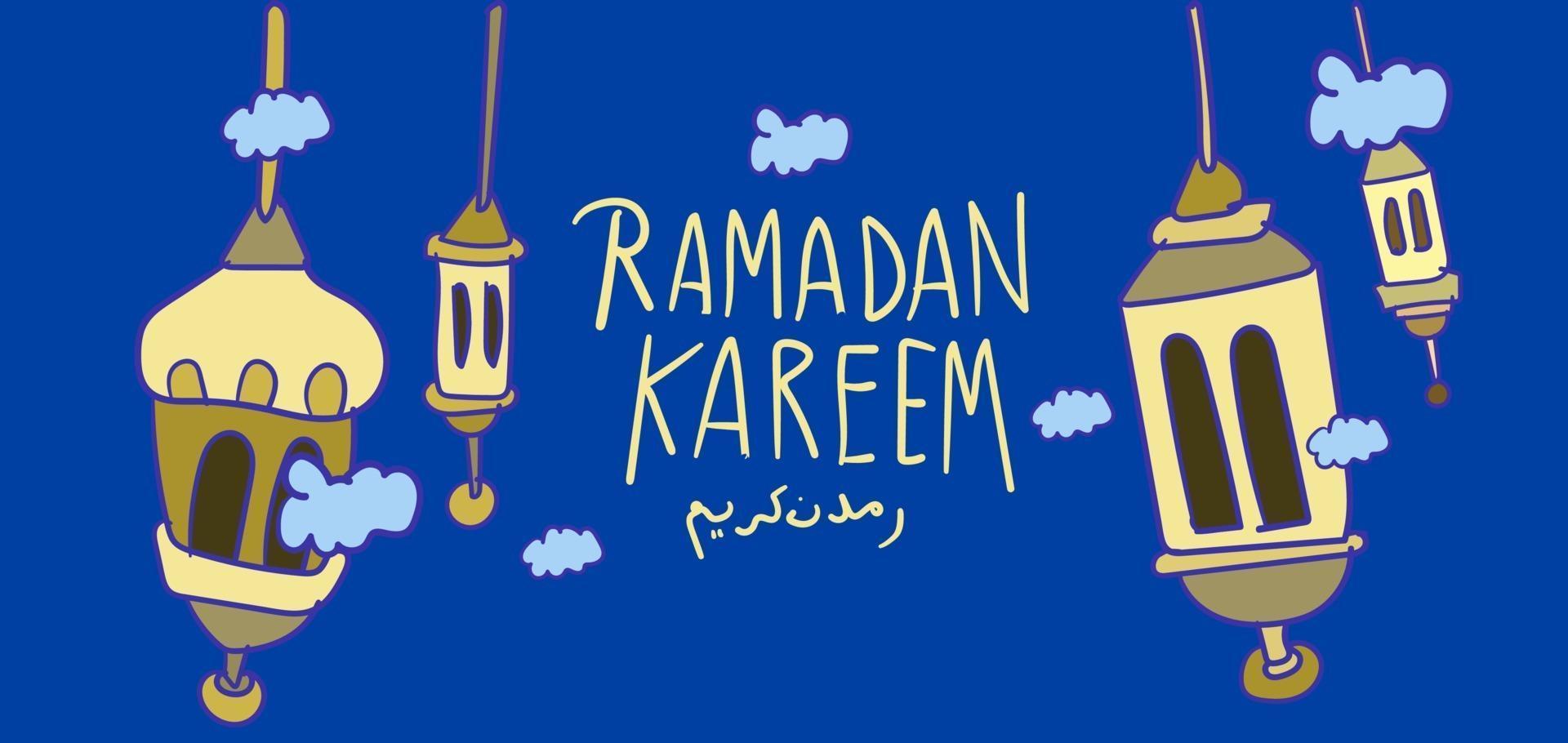 saluto disegnato a mano dei bambini della moschea islamica di Ramadan Kareem vettore