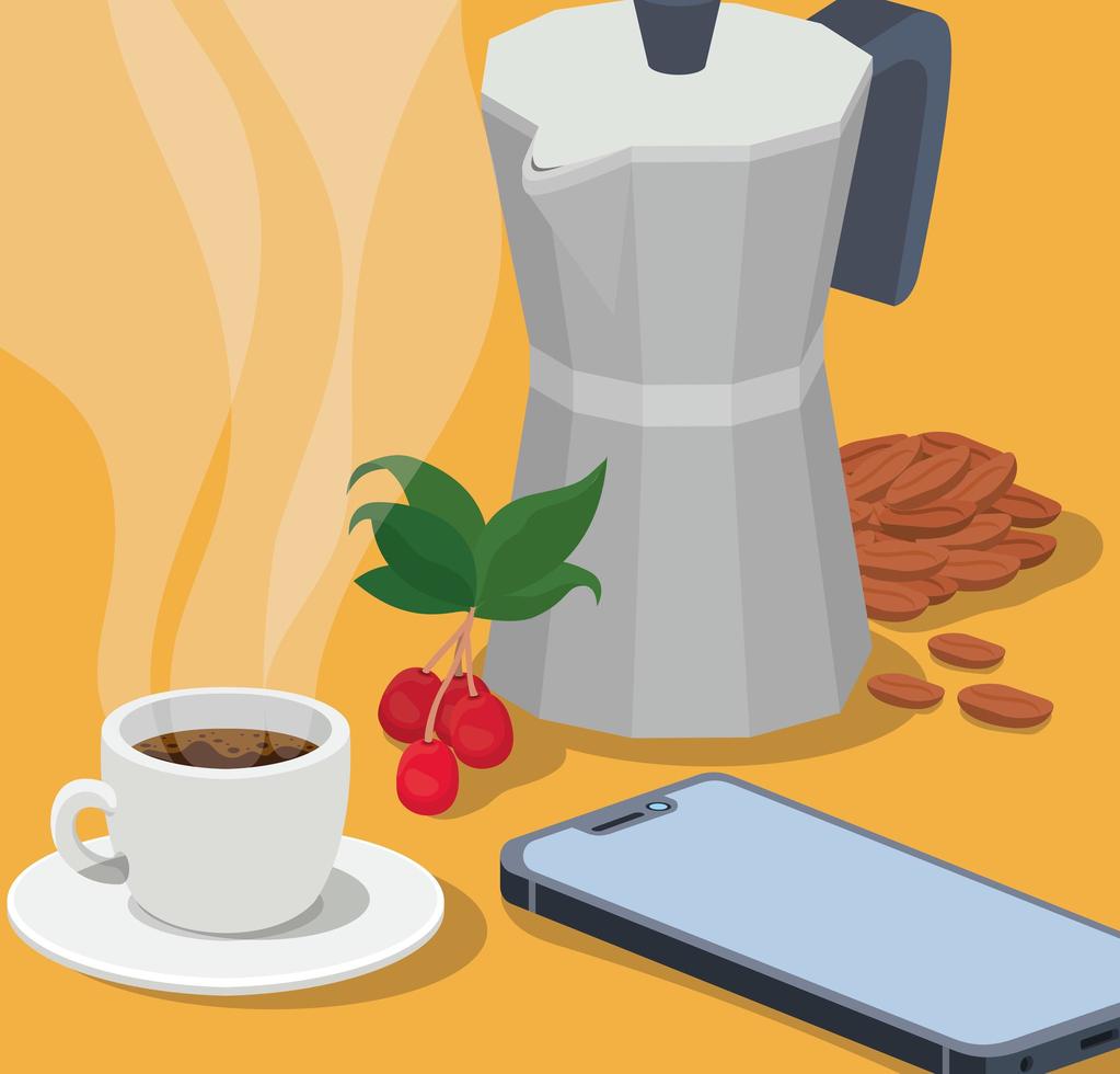 caffettiera moka, tazza, smartphone, fagioli, bacche e foglie disegno vettoriale