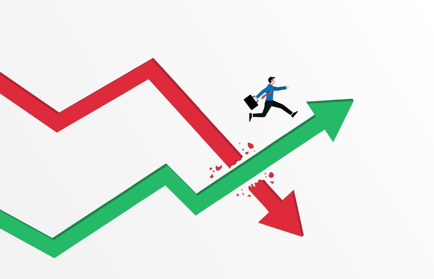 concetto di affari. uomo d & # 39; affari che salta sopra l & # 39; illustrazione del grafico della freccia verde. vettore
