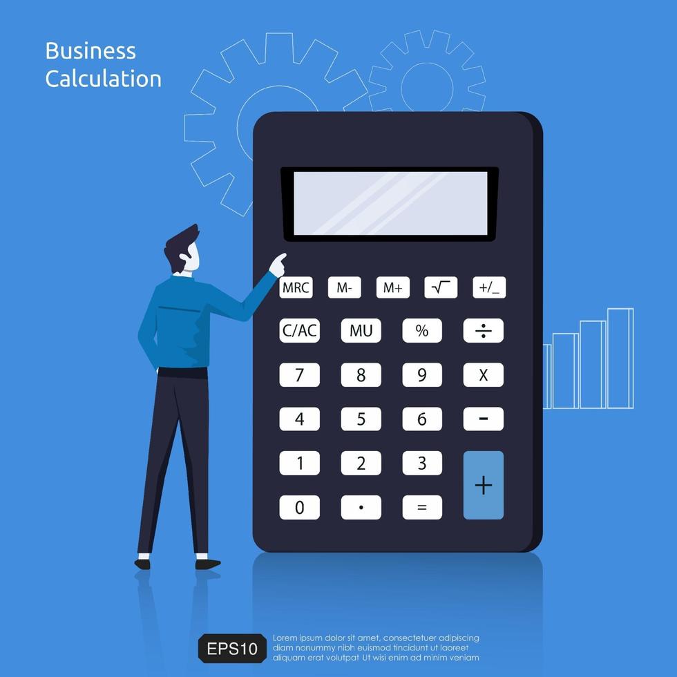 concetto di calcolo di affari con il carattere dell'uomo d'affari e l'illustrazione piana di vettore del simbolo della calcolatrice.
