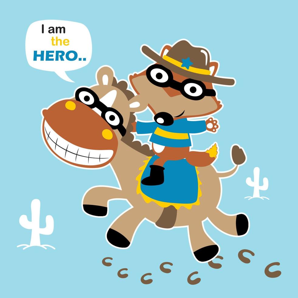 carino Volpe nel supereroe costume cavalcata su divertente cavallo, vettore cartone animato illustrazione