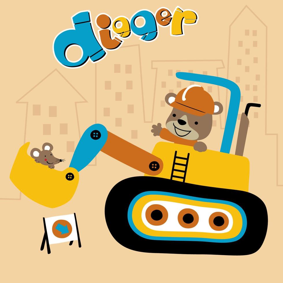 poco orso con topi su costruzione veicolo, vettore cartone animato illustrazione