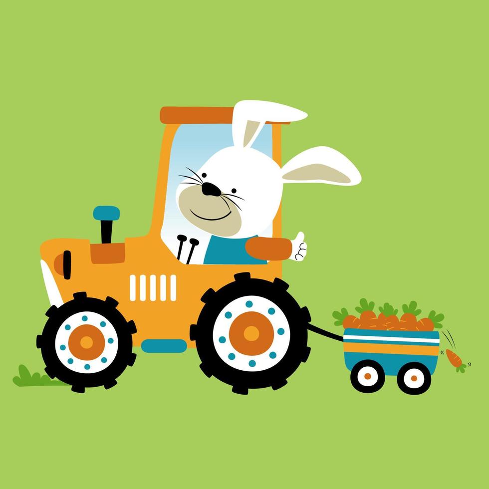 carino coniglietto guida trattore traino carote su carrello, vettore cartone animato illustrazione