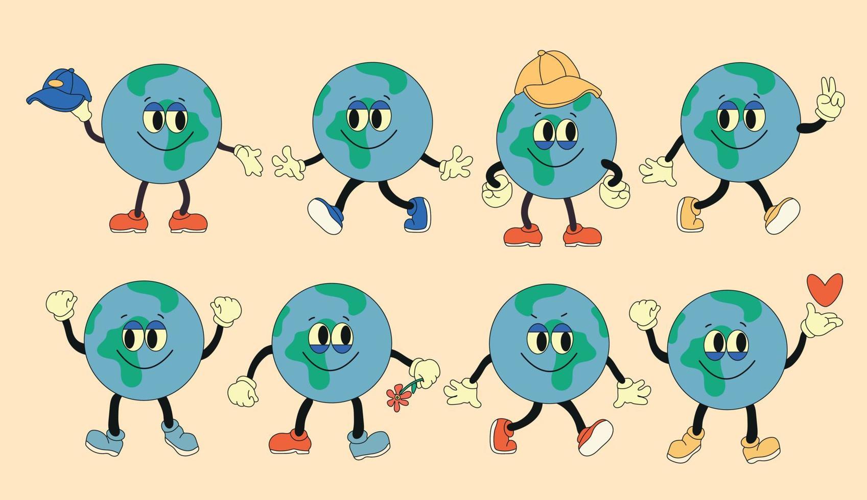 collezione di pianeta terra personaggi. divertente terra globo con emozioni, viso, mani, cappelli e piedi nel scarpe. cartone animato stile. mano disegnato moda vettore illustrazione. mondo terra giorno, natura cura concetto