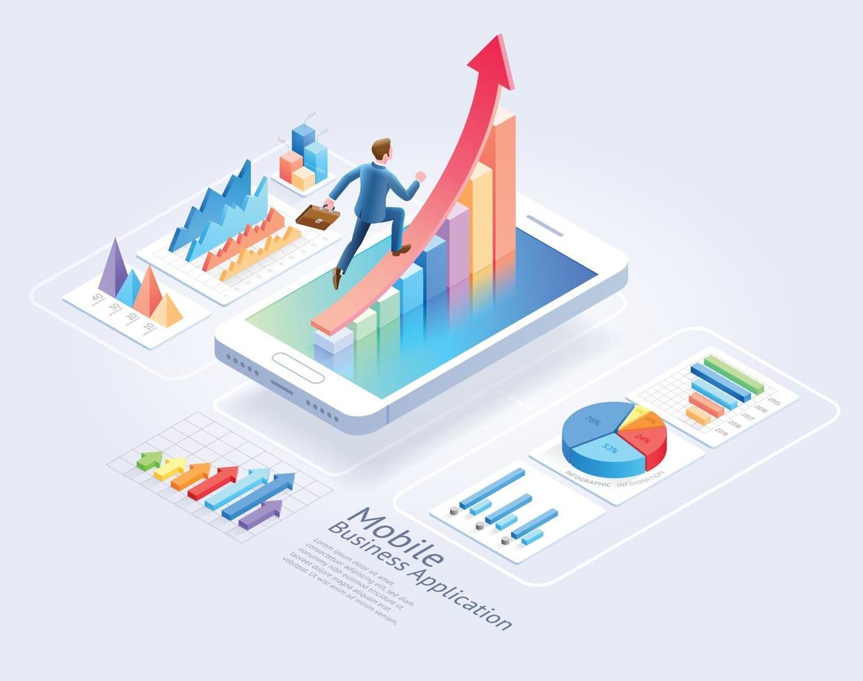 progettazione dell'interfaccia utente del sito Web di applicazioni aziendali mobili. uomo d & # 39; affari in esecuzione sulla freccia rossa e elementi isometrici infografici. illustrazione grafica vettoriale. vettore