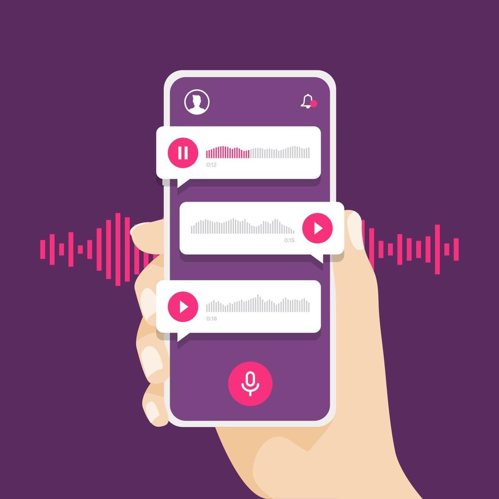 mano che tiene smartphone con messaggio vocale. app audio sociale. vettore
