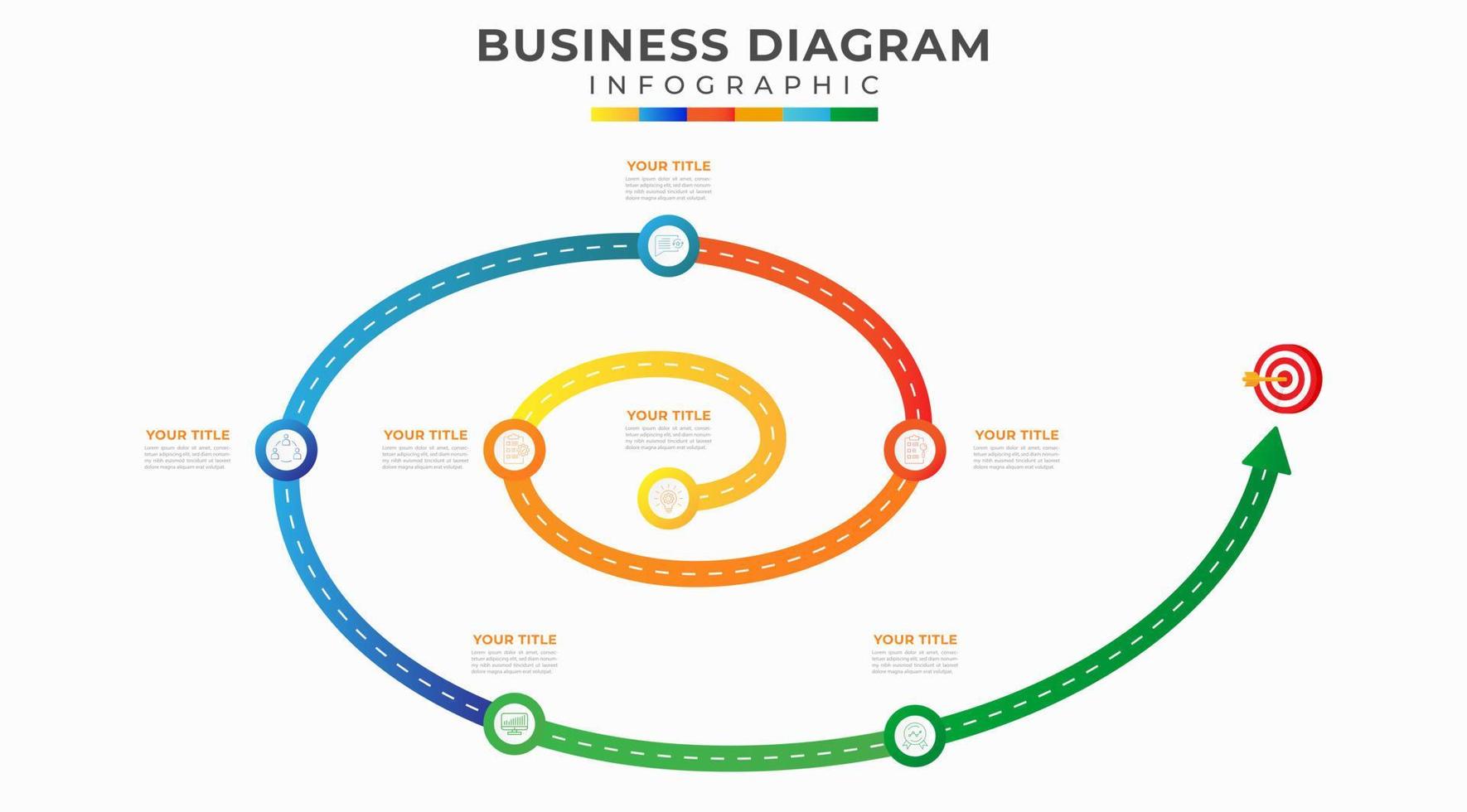 7 passaggi moderno sequenza temporale diagramma con spirale strada concetto e simbolo icona, presentazione vettore infografica. Infografica modello per attività commerciale.