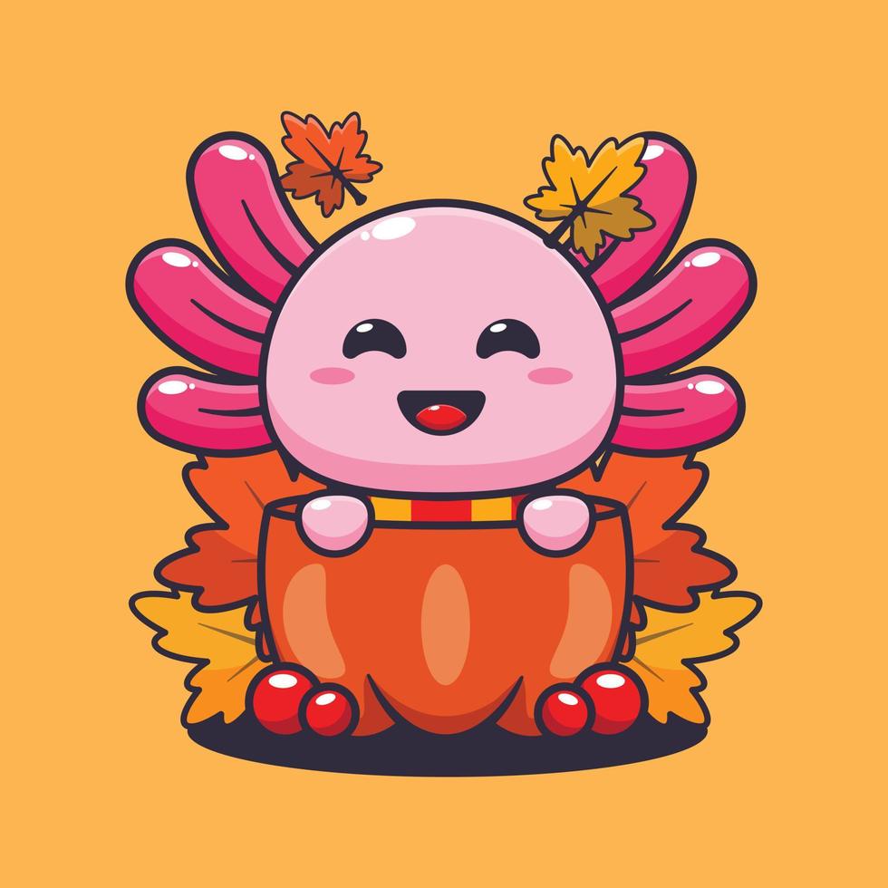 carino Axolotl nel un' zucca a autunno stagione cartone animato vettore illustrazione.