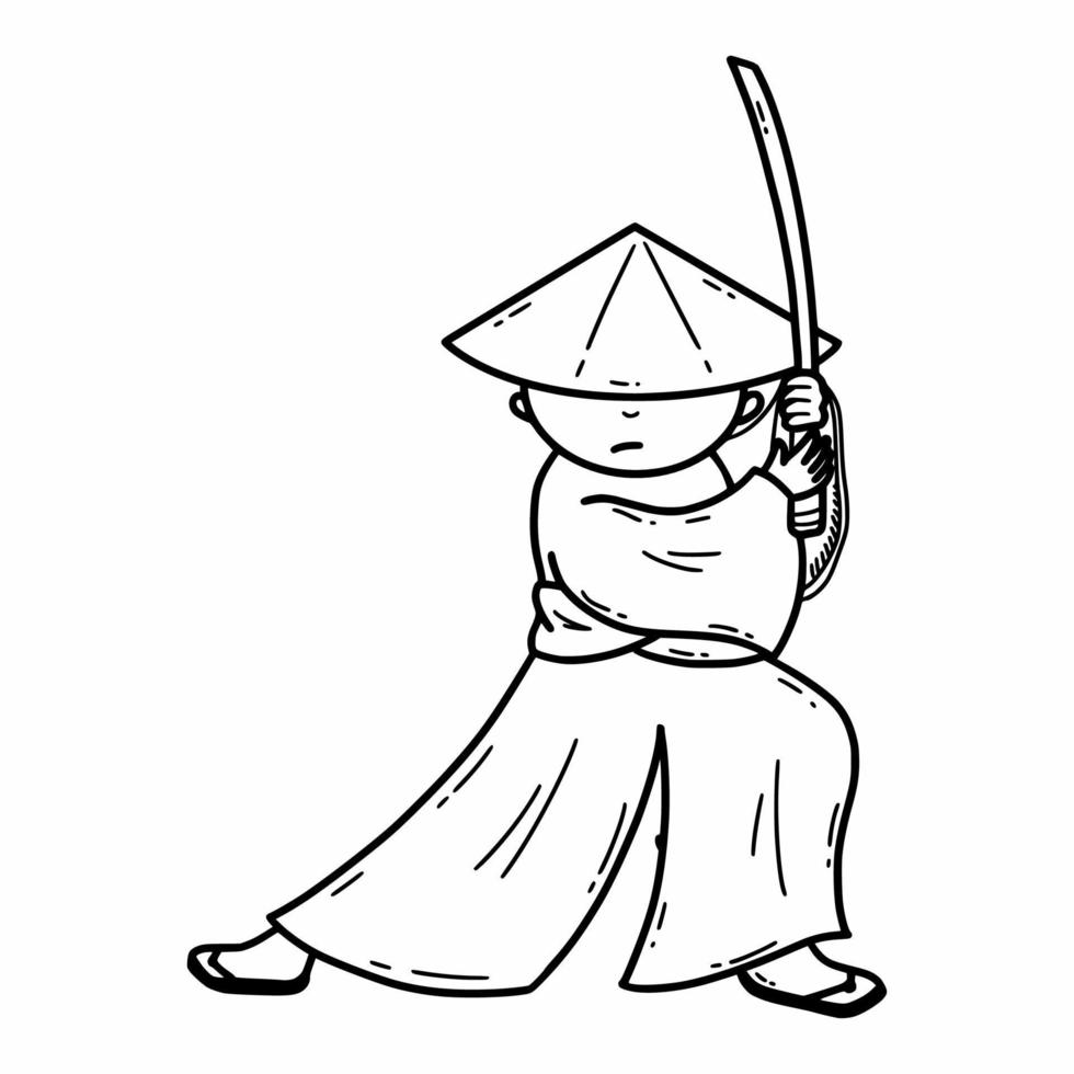 samurai nel chimono detiene katana nel il suo mani. giapponese sciabola. guerriero. vettore scarabocchio illustrazione. schizzo di mano. icona.