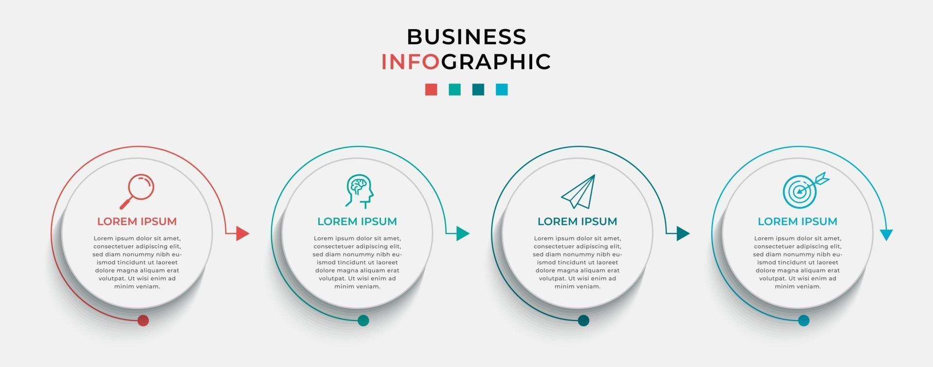 vettore modello di progettazione infografica aziendale con icone e 4 quattro opzioni o passaggi. può essere utilizzato per diagramma di processo, presentazioni, layout del flusso di lavoro, banner, diagramma di flusso, grafico informativo