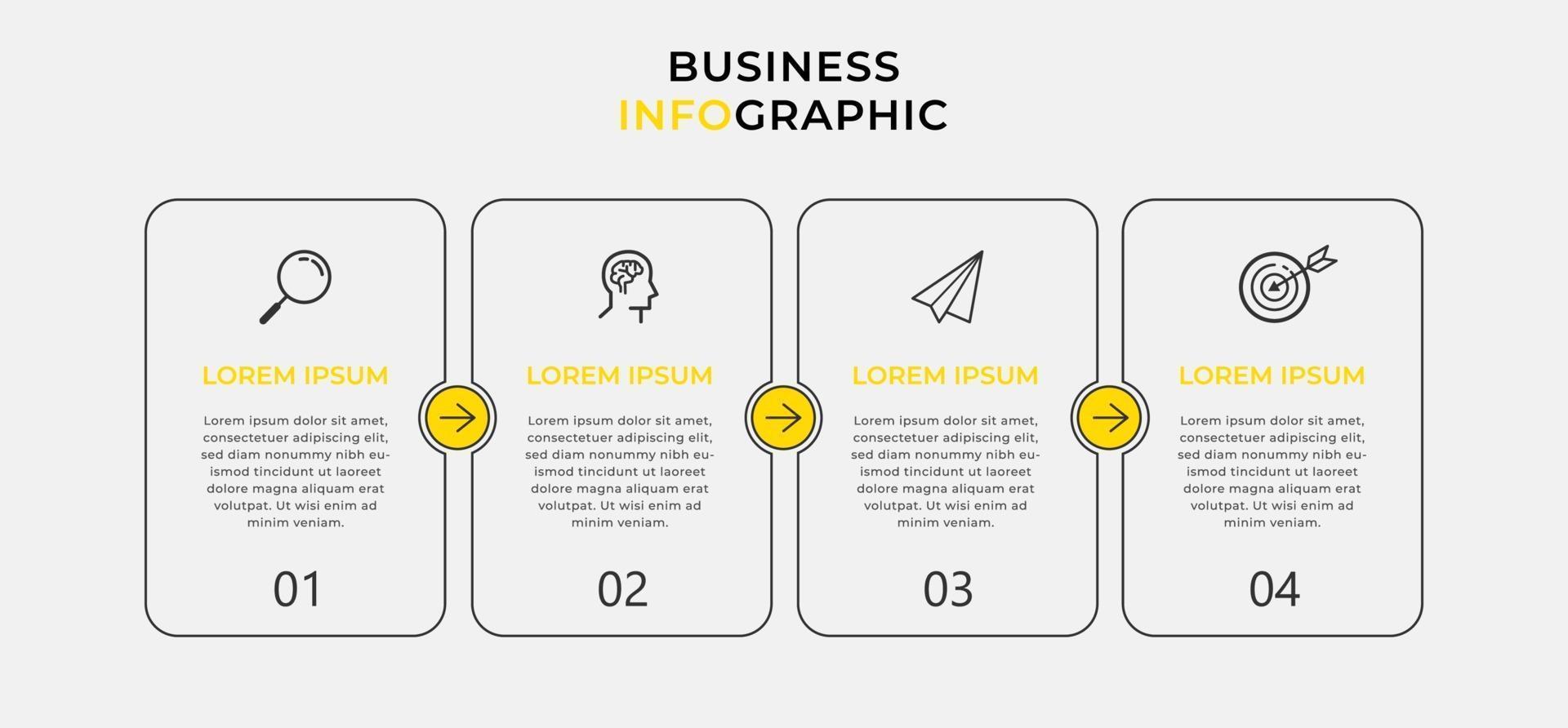 vettore modello di progettazione infografica aziendale con icone e 4 quattro opzioni o passaggi. può essere utilizzato per diagramma di processo, presentazioni, layout del flusso di lavoro, banner, diagramma di flusso, grafico informativo