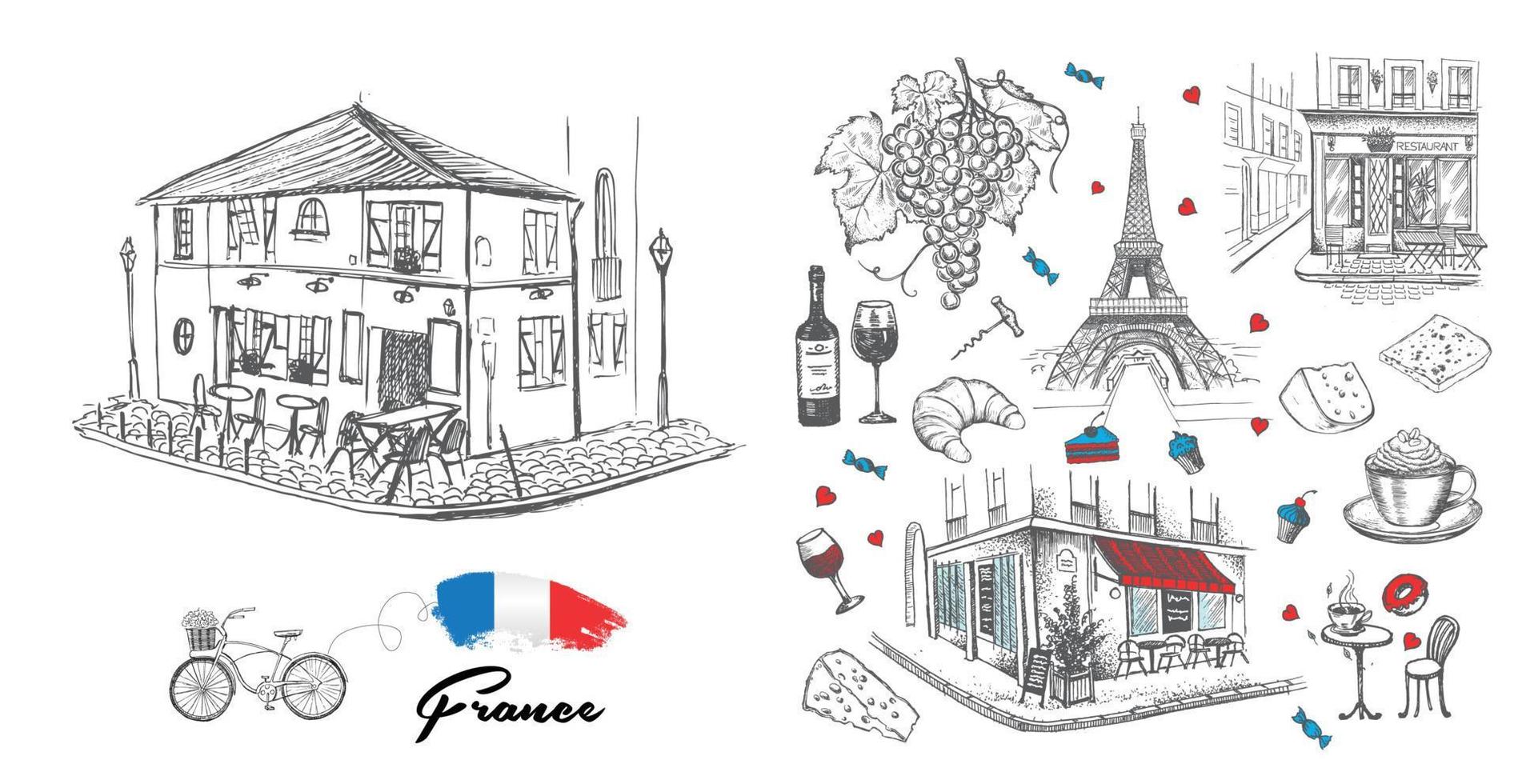 set di icone francesi disegnate a mano, illustrazione dello schizzo di parigi vettore