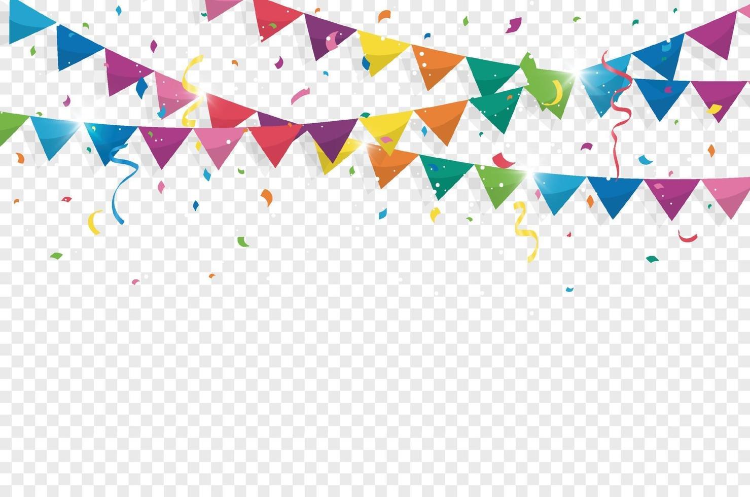 bandierine colorate con coriandoli e nastri per festa di compleanno, celebrazione, carnevale, anniversario e festa su priorità bassa bianca. illustrazione vettoriale