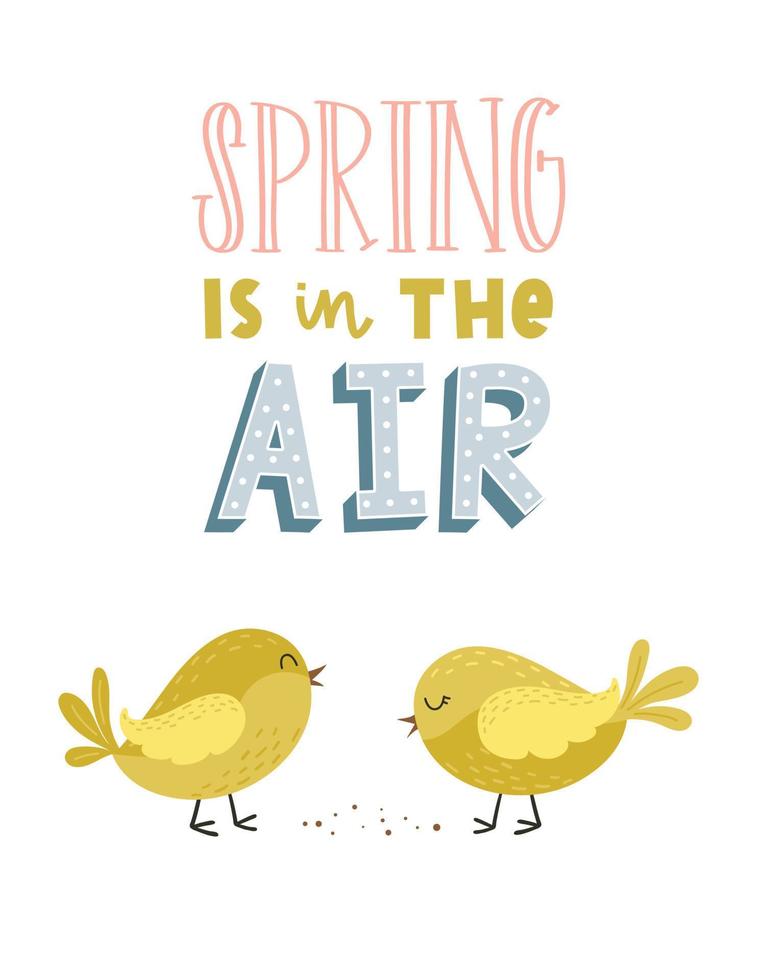 un' carta con carino cartone animato polli beccare grano. mano lettering frase - primavera è nel il aria. carino semplice personaggi. colore piatto cartone animato vettore illustrazione su bianca sfondo