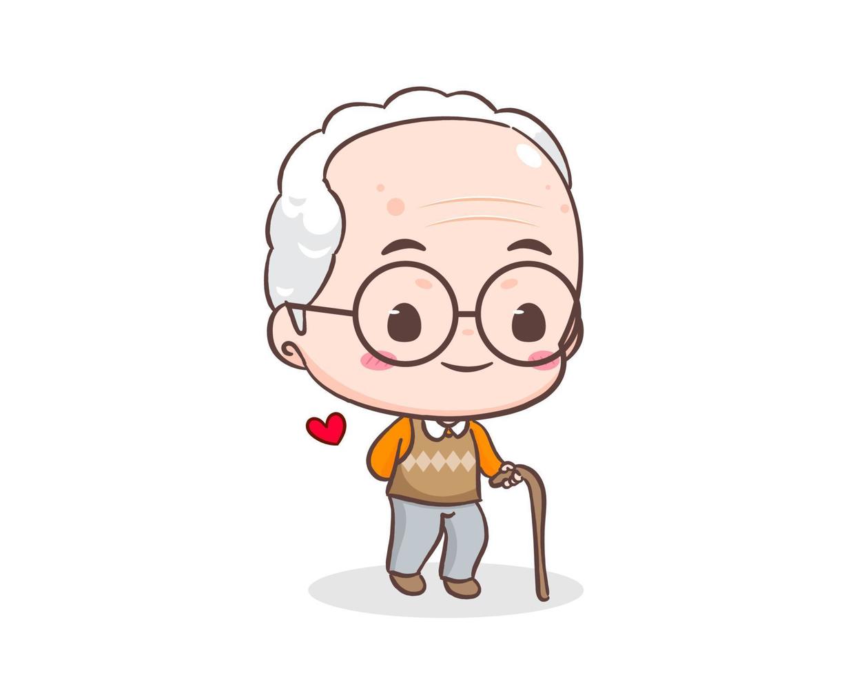 carino nonno o vecchio uomo cartone animato carattere. Nonno Tenere canna. kawaii chibi mano disegnato stile. adorabile portafortuna vettore illustrazione. persone famiglia concetto design