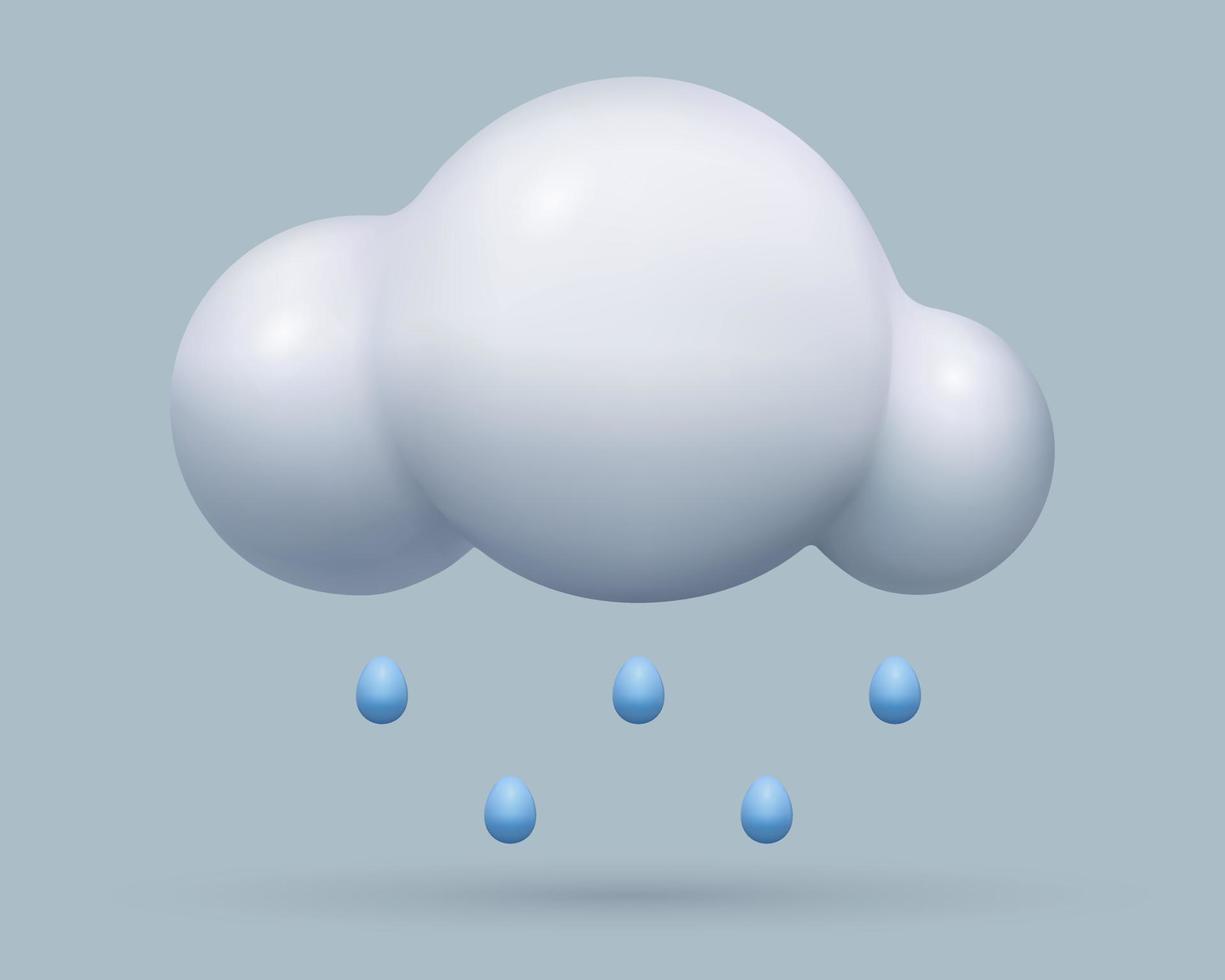 3d pioggia tempo metereologico icona. realistico vettore tre dimensionale nube con gocce di pioggia su grigio cielo sfondo. carino cartone animato plastica design elemento.