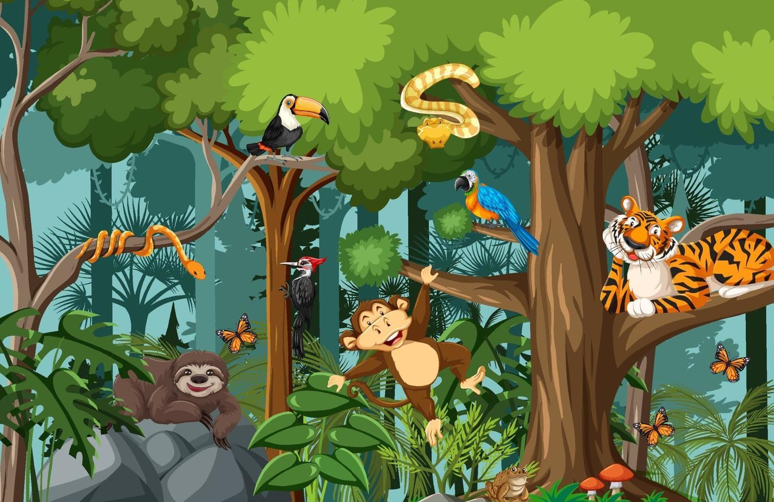 personaggio dei cartoni animati di animali selvatici nella scena della foresta vettore