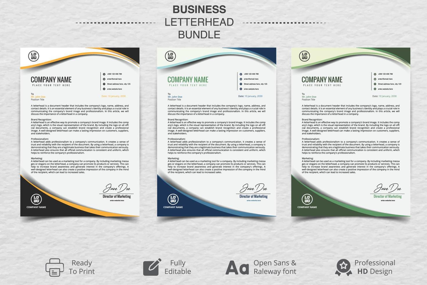 3 carta intestata modello per attività commerciale o aziendale industria. moderno, colorato e alto qualità modificabile, organizzato. blu, verde e arancia colori. vettore