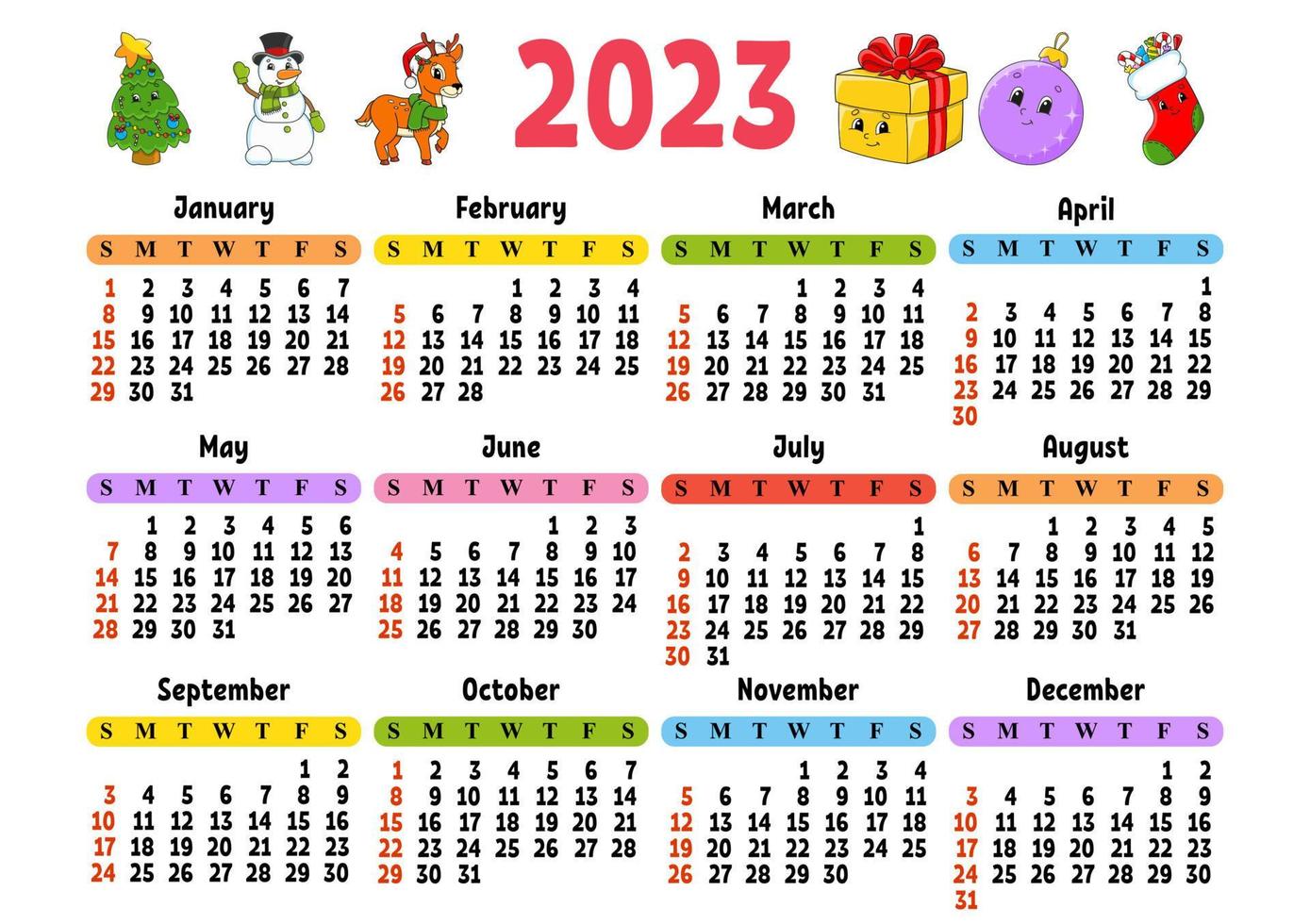 calendario per 2023 con un' carino carattere. divertimento e luminosa design. cartone animato stile. vettore illustrazione.