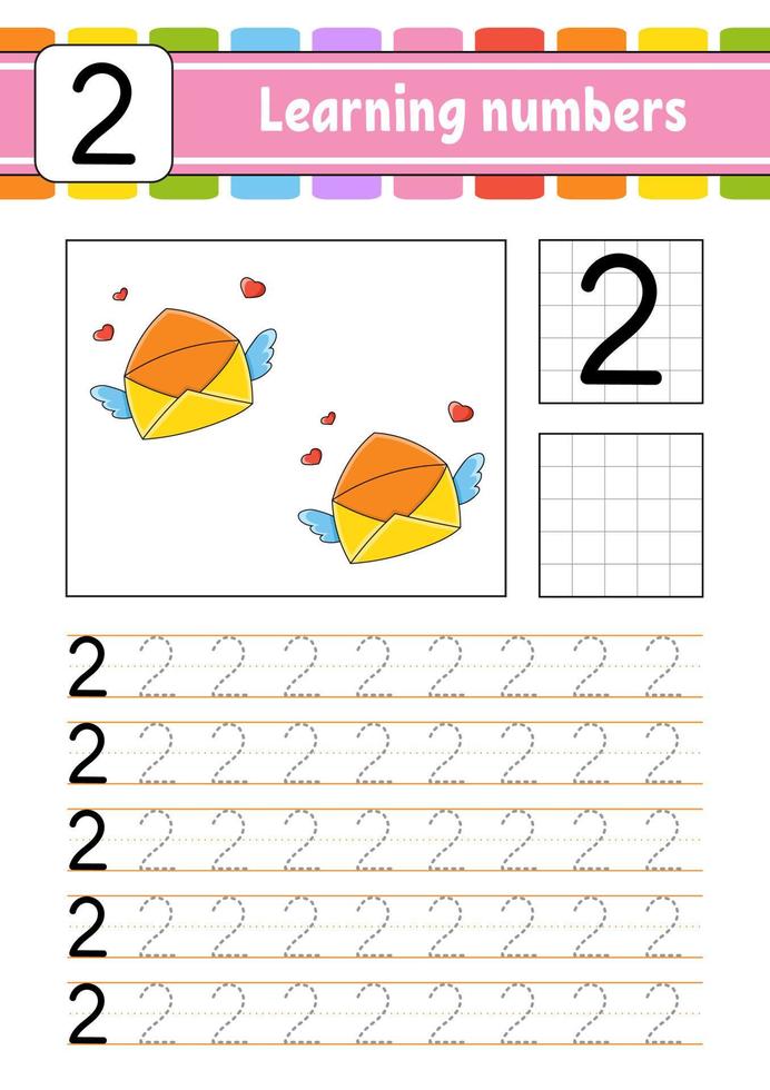 tracciare e Scrivi numeri. grafia la pratica. apprendimento numeri per bambini. formazione scolastica sviluppando foglio di lavoro. attività pagina. vettore illustrazione.