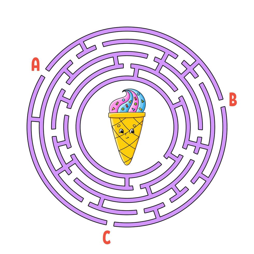 cerchio labirinto. gioco per bambini. puzzle per bambini. il giro labirinto enigma. trova il giusto sentiero. compleanno tema. vettore illustrazione.