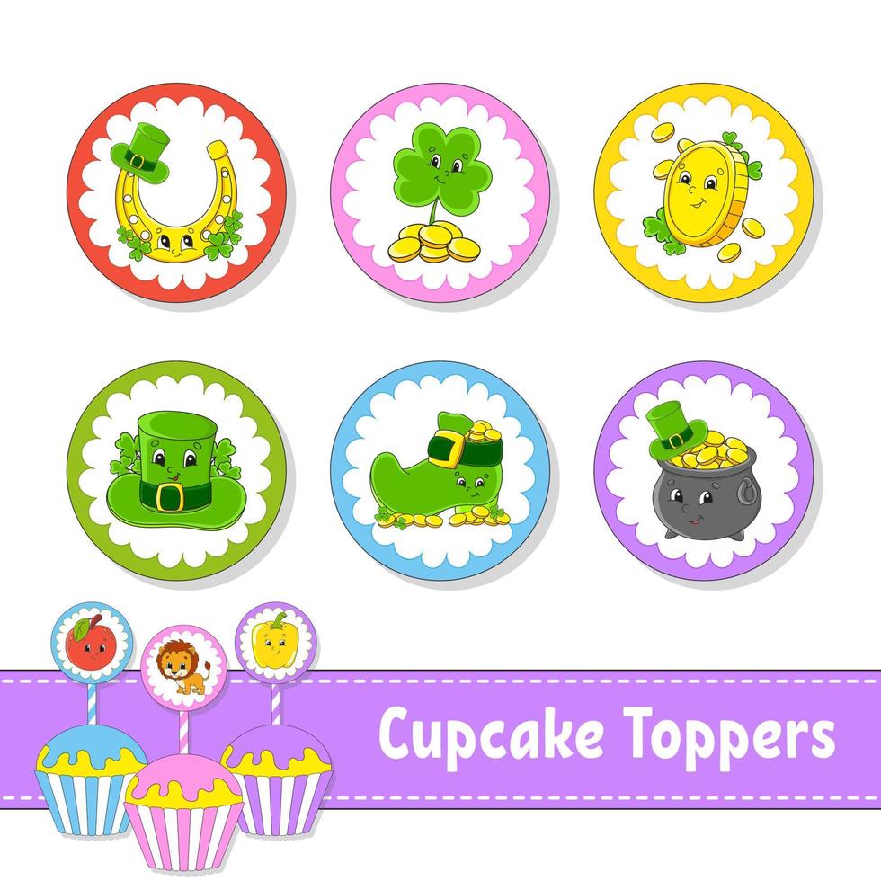 Cupcake toppers. impostato di sei il giro immagini. cartone animato personaggi. carino Immagine. per compleanno, bambino doccia. isolato su bianca sfondo. vettore illustrazione.