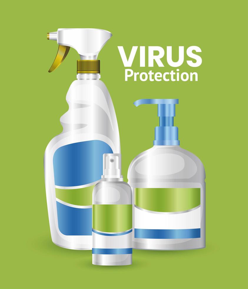 covid 19 protezione antivirus con disegno vettoriale di sapone, bottiglia e disinfettante spray