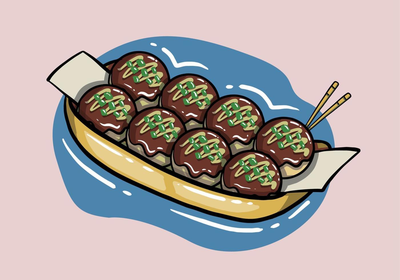 mano disegnato takoyaki palla Ravioli o polpo palle. takoyaki è un' maggior parte famoso giapponese merenda cibo nel osaka, Giappone. vettore