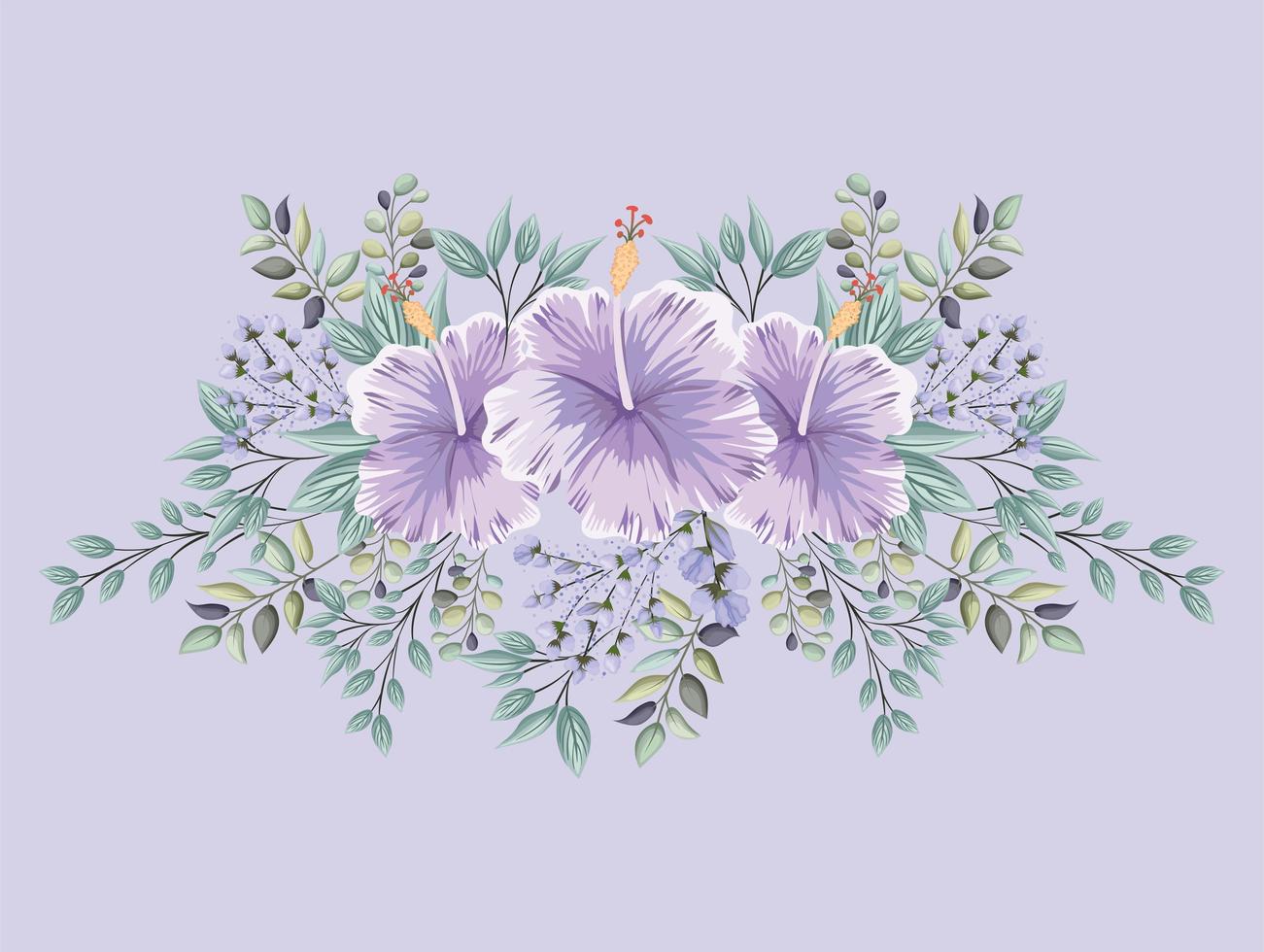 fiori viola hawaiani con foglie pittura disegno vettoriale