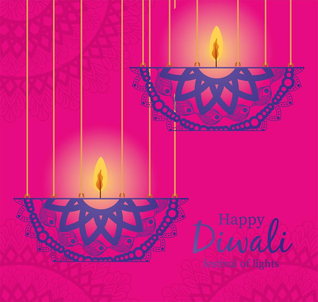 felice diwali appeso mandala candele su sfondo rosa disegno vettoriale