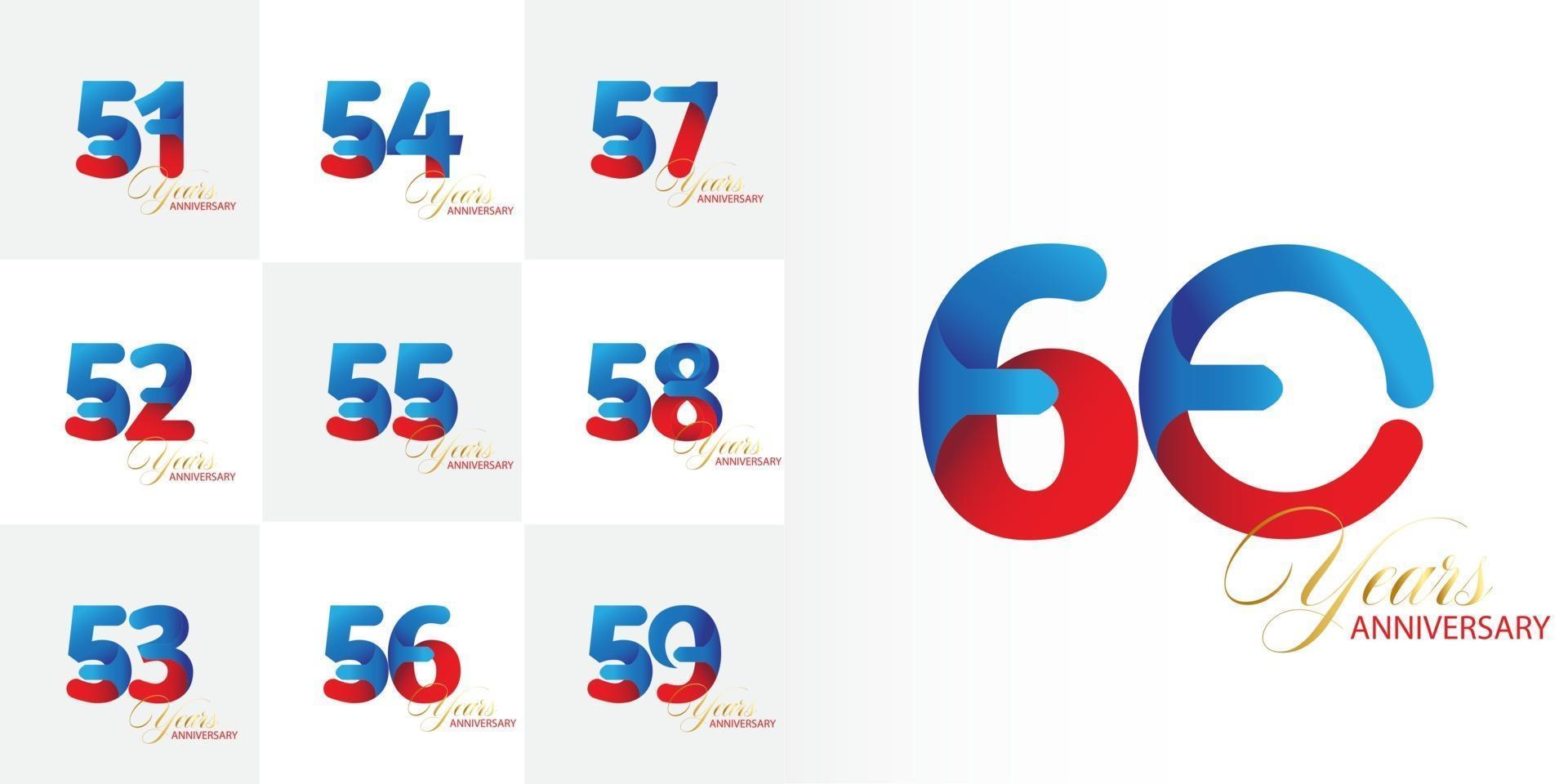 impostare i numeri di celebrazione dell'anniversario di 51, 52, 53, 54, 55, 56, 57, 58, 59, 60 anni vettore