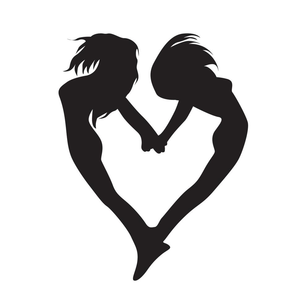 silhouette di Due ragazze nel il forma di un' cuore vettore