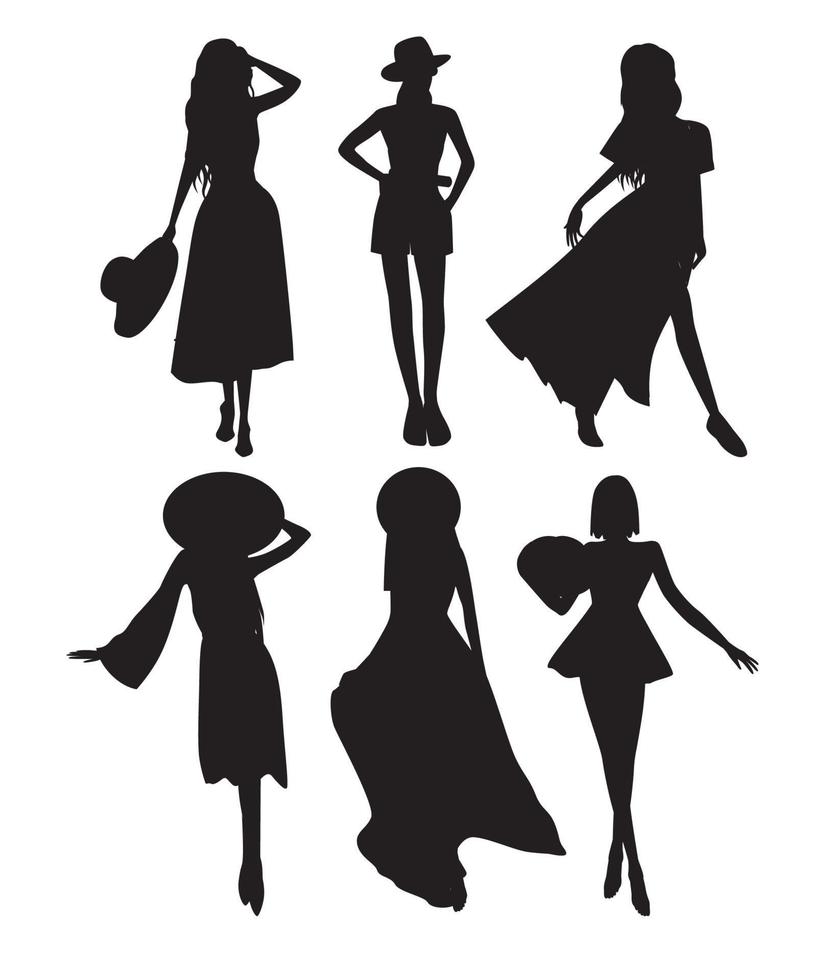 vettore grafica impostato di diverso vettore nero sagome di ragazze nel vestito per moda design