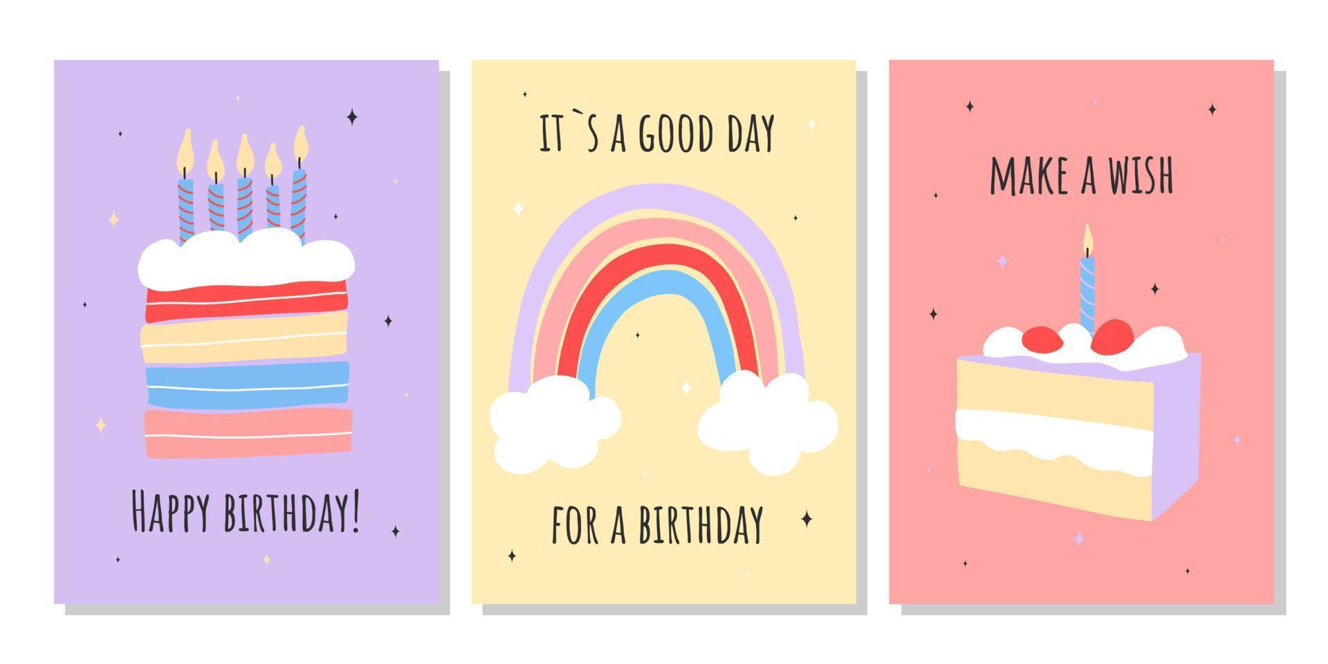 impostato di saluto carte per celebrazione compleanno. mano disegnato di moda cartone animato torta, contento compleanno scritta. vettore illustrazione