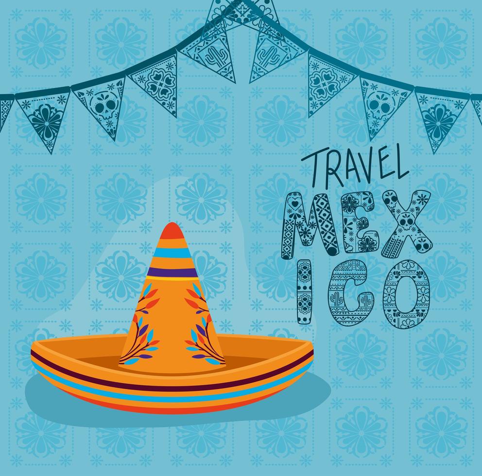 viaggiare in messico lettering con disegno vettoriale cappello sombrero